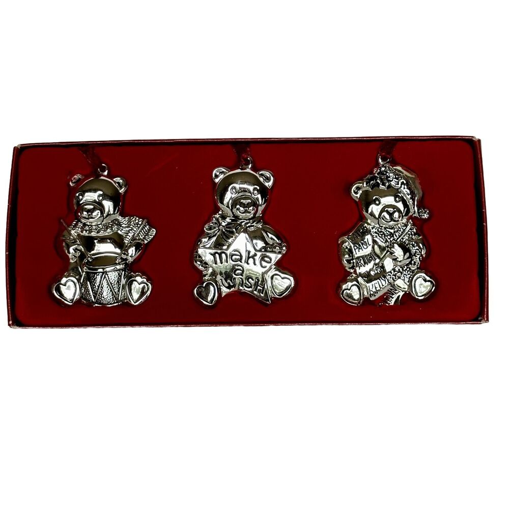 Gorham Christmas Ornaments Set of 3 Teddy Bear Silver Plated Holiday Tradition